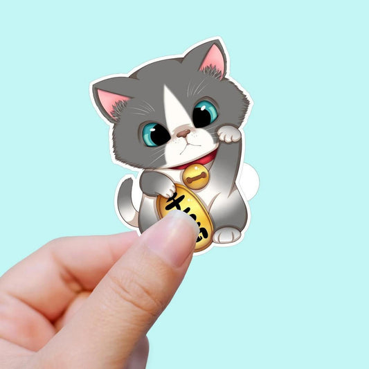 Hidekos Artwork - Maneki Neko Sticker: Glückskatze Grau-Weiß 8cm